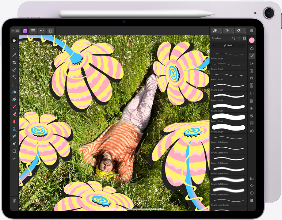 Vaakasuunnassa oleva iPad Air, jossa näkyy, kun värikylläistä kuvaa muokataan