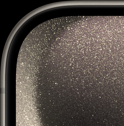 Stambaus plano „iPhone 15 Pro“ priekinis vaizdas, kuriame parodomi išlenkti kraštai ir plonos briaunos