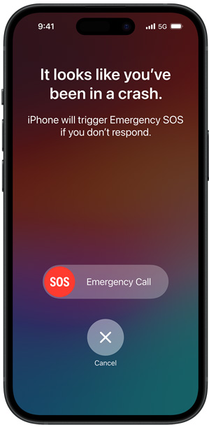 Ekran funkcji Wykrywanie wypadków przedstawiający komunikat: Wygląda na to, że zdarzył Ci się poważny wypadek. Jeśli nie zareagujesz, iPhone zainicjuje połączenie funkcji Alarmowe SOS.