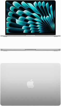 MacBook Air i färgen silver, sedd framifrån och ovanifrån