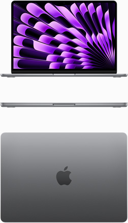 Imagem frontal e de cima do MacBook Air na cor cinza-espacial