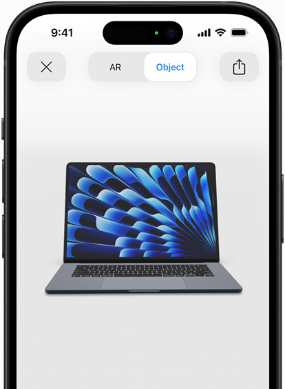 Hình xem trước của MacBook Air màu Đêm Xanh Thẳm được xem bằng trải nghiệm AR trên iPhone